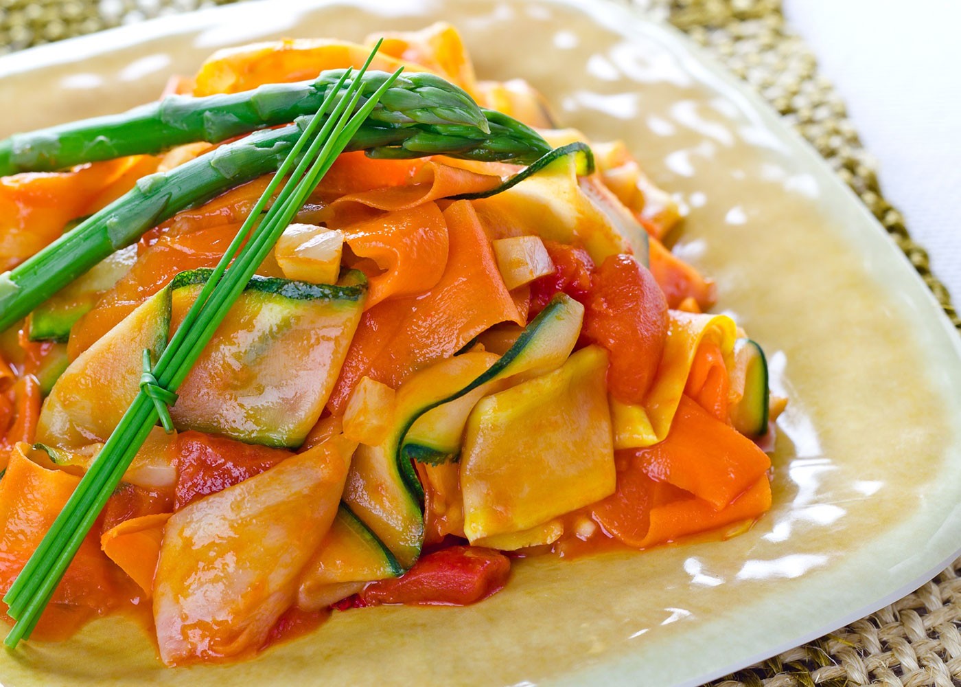 Tagliatelle-Style Vegetables with Tomato Red Pepper Sauce