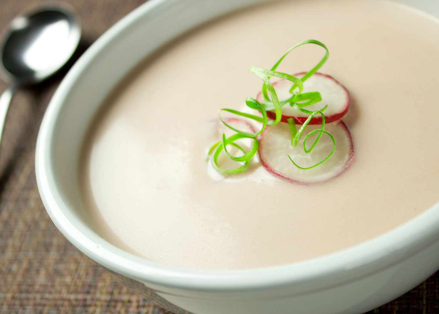 Rich Red Radish Soup in a bowl