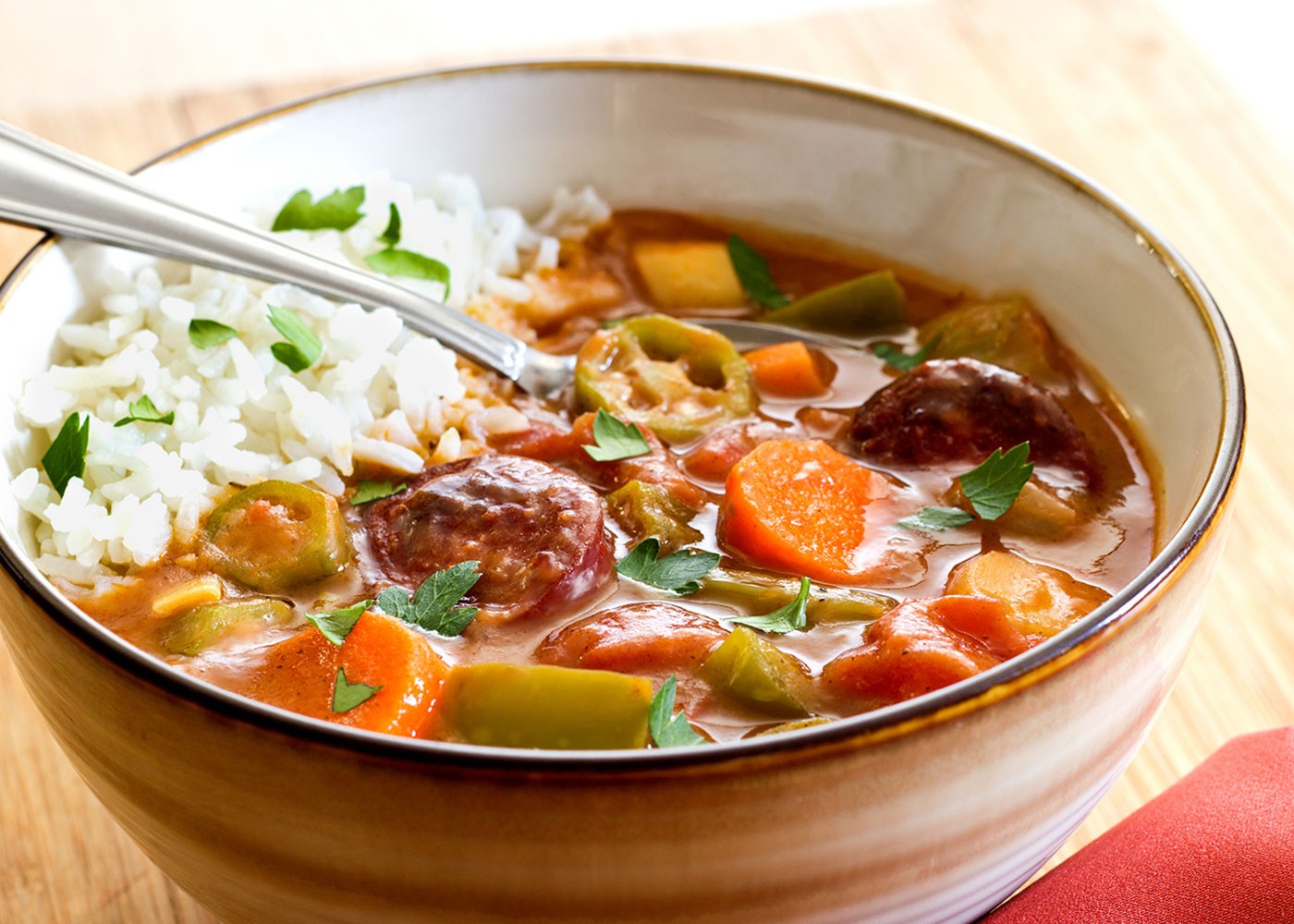 Vegetable and Sausage Gumbo with Spoon
