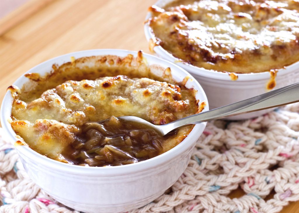 onion-left French Leek and Onion Soup with cheese