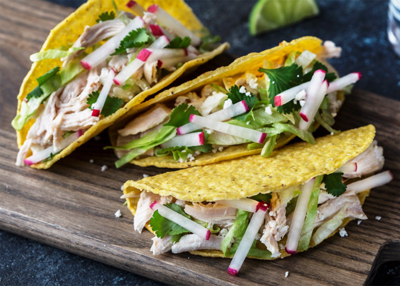 radish tacos on a cutting board